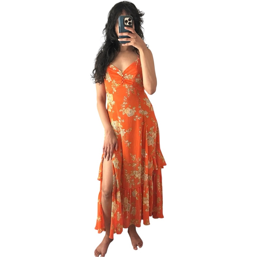 Urban Outfitters Coral Floral Print Ruffle Hem Midi Dress